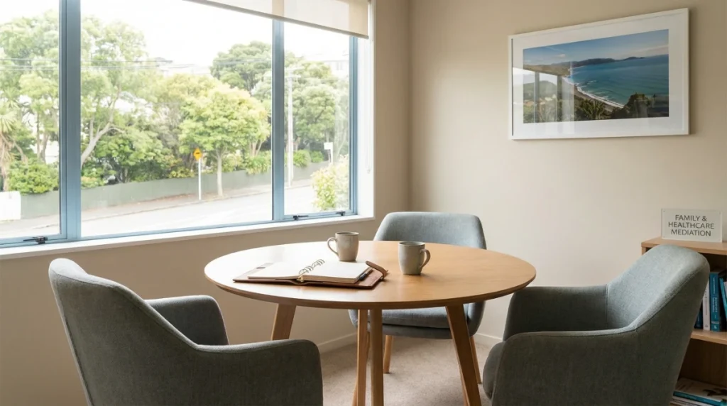 A professional New Zealand office setting with a round table, soft natural light through windows, two empty chairs facing each other, and a notebook on the table, representing a neutral mediation ground.