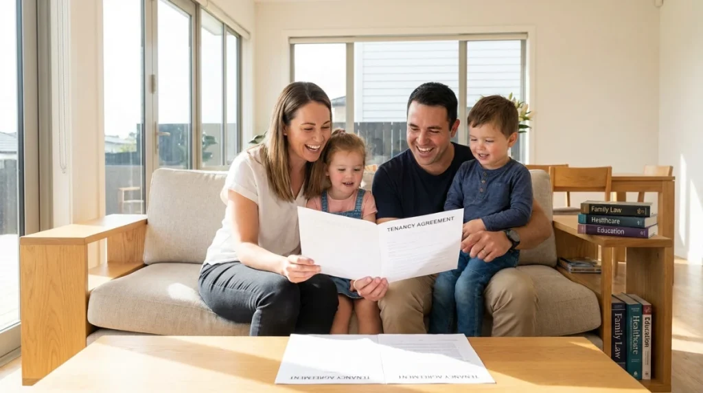 A happy New Zealand family with two young children sitting in a sun-drenched living room of a modern rental home, looking at a tenancy agreement together, professional photography, soft lighting.