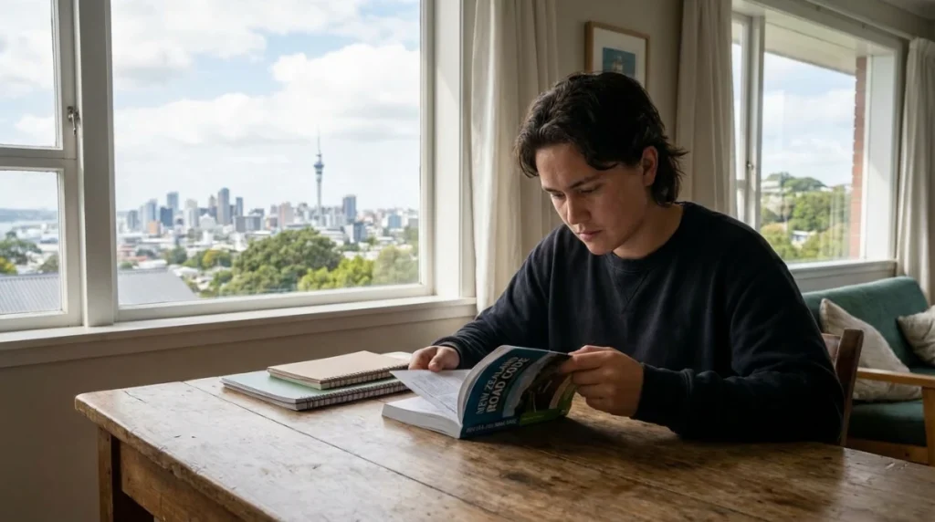 A professional cinematic photo of a young adult in New Zealand studying the official Road Code book at a wooden desk with a scenic window view of Auckland city in the background, soft natural lighting.