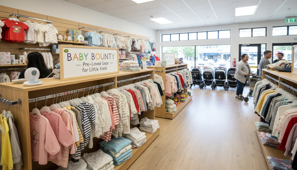 Well-organized NZ op shop baby gear section