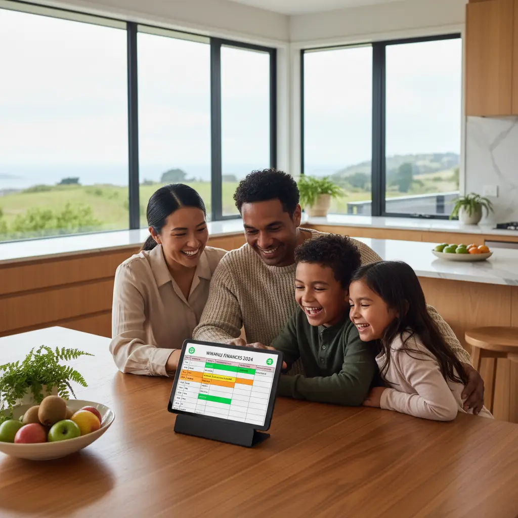 A family in Dunedin happily reviewing their budget with budgeting services Dunedin