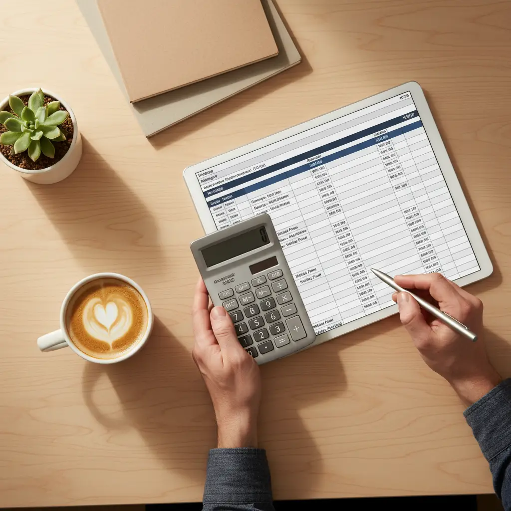 Close up of a calculator and budget spreadsheet, key tools in Dunedin budgeting services