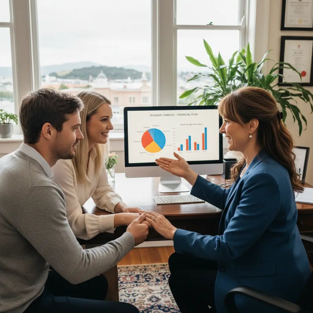Budgeting advisor in Dunedin explaining financial plans to a couple