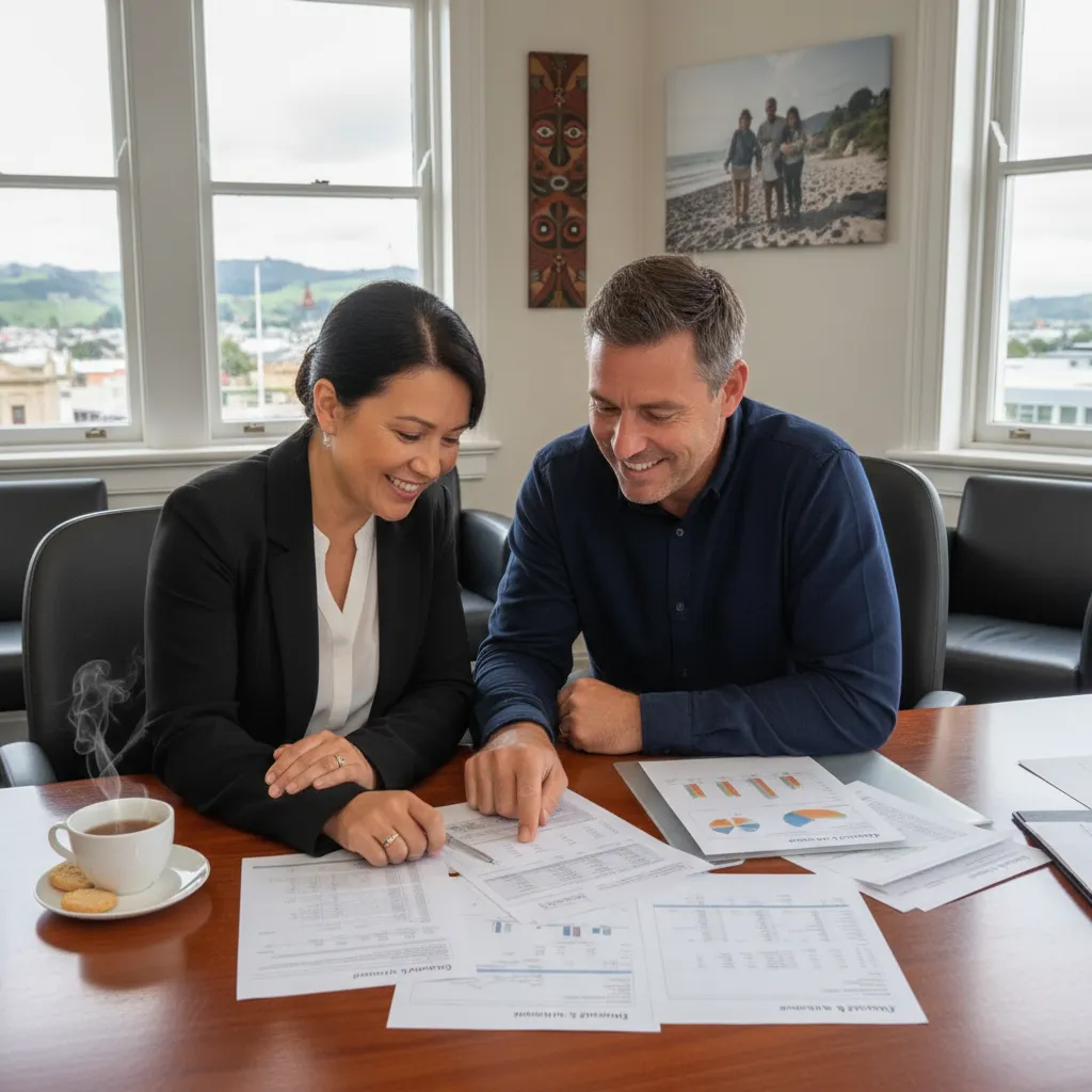 Client and financial advisor reviewing income and expenses during a budgeting service consultation in Dunedin