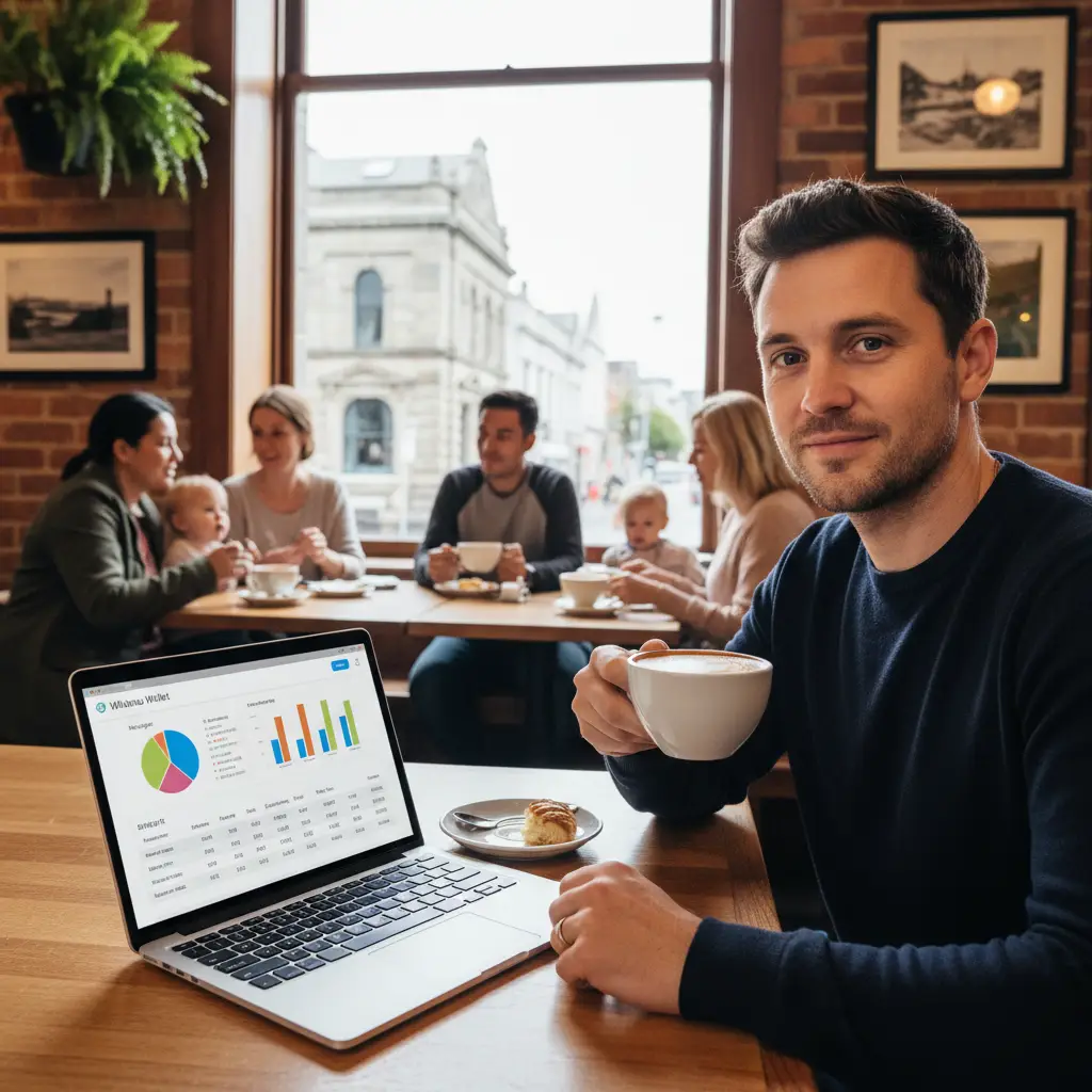 Person managing finances with a budgeting app, enabled by budgeting services Dunedin