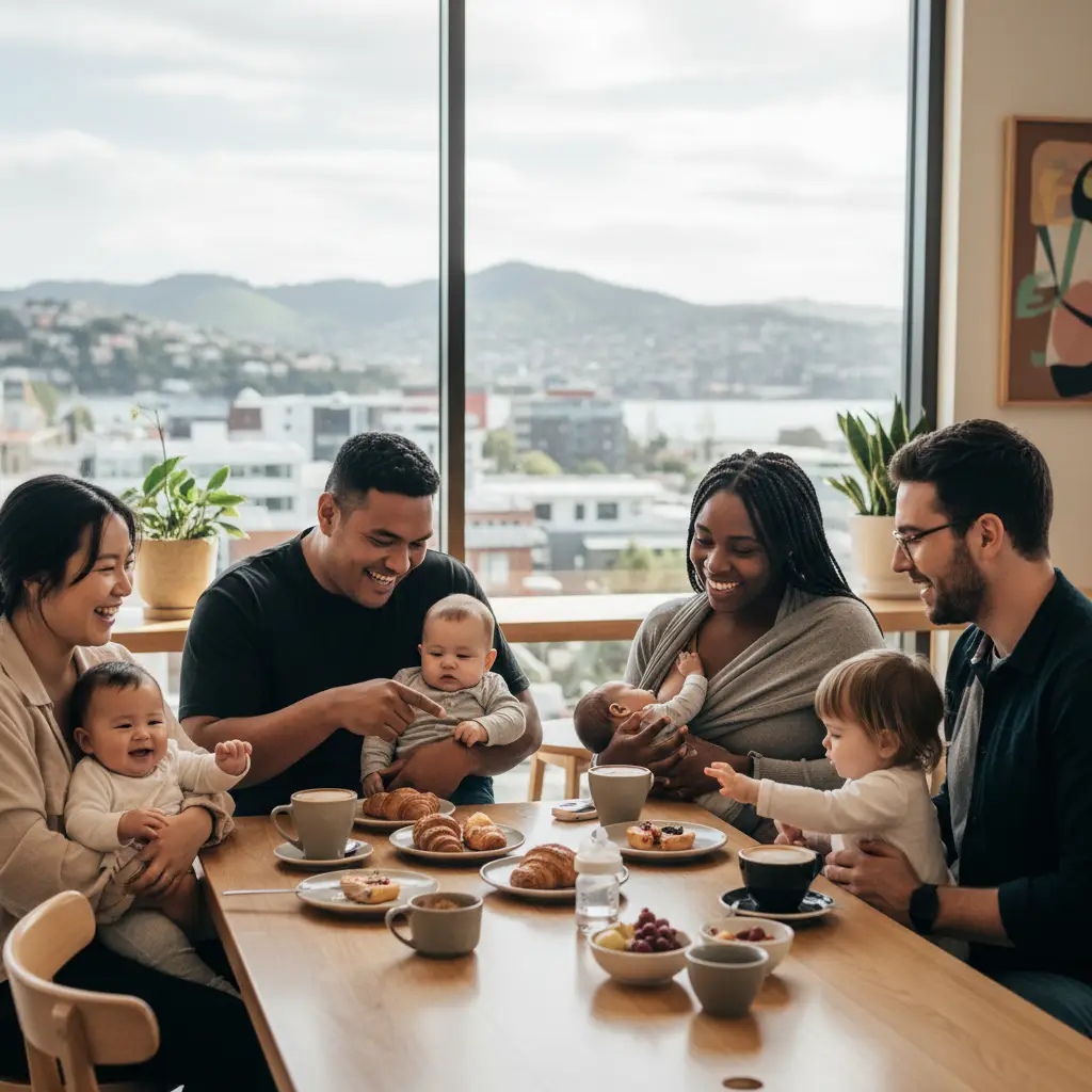 Parents enjoying coffee group in Wellington cafe