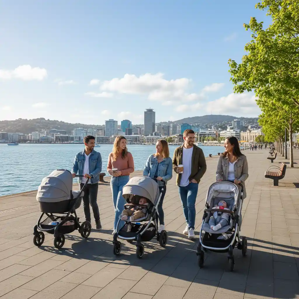 Parents with prams enjoying a walk along Wellington waterfront