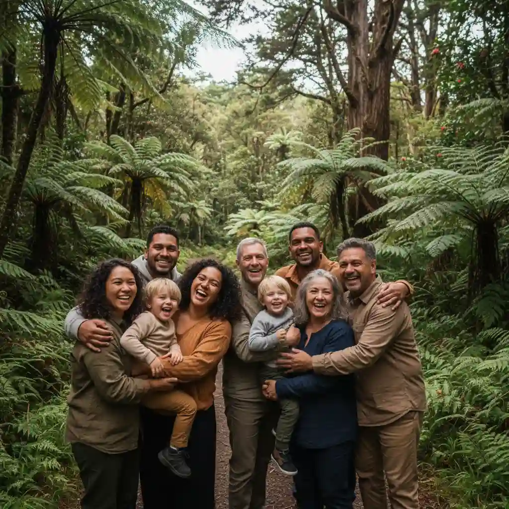 A diverse New Zealand family showcasing strong whānau connections and wellbeing outdoors