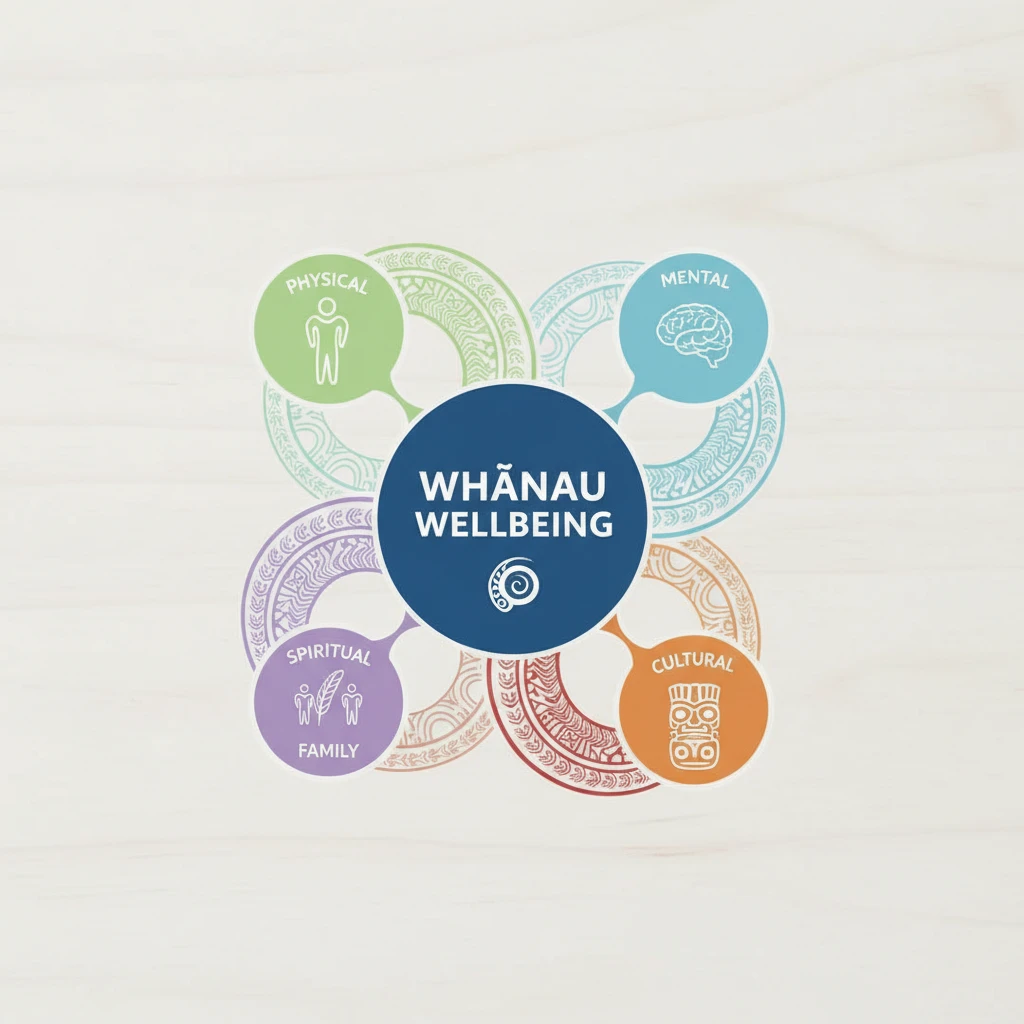 Infographic illustrating the holistic benefits of a whānau wellbeing framework