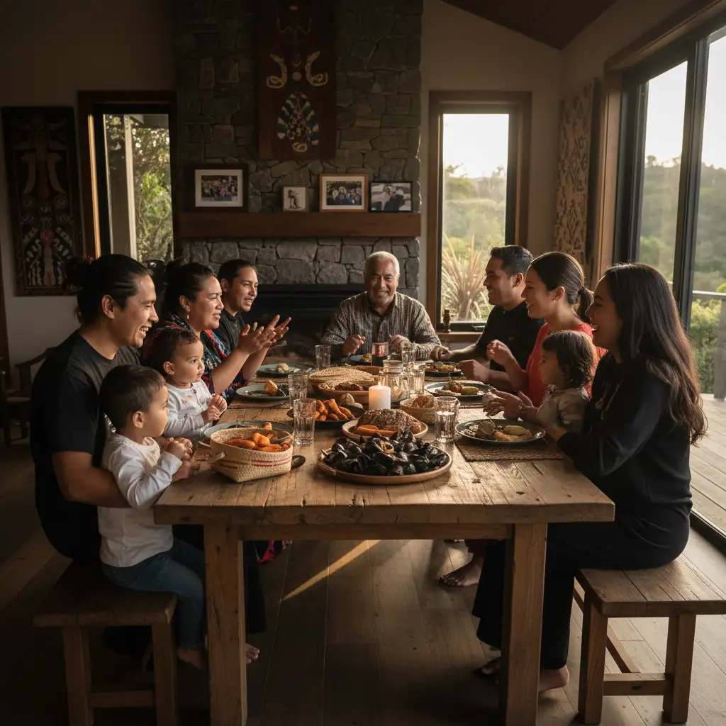 An intergenerational family sharing a meal, representing strong whānau connections and support