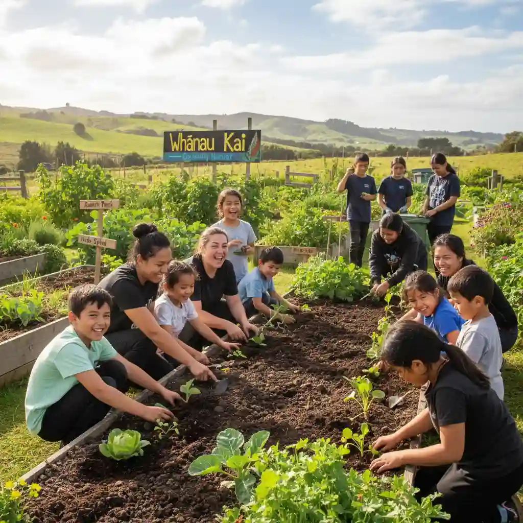 Community members working together in a garden, reflecting collective action for whānau wellbeing