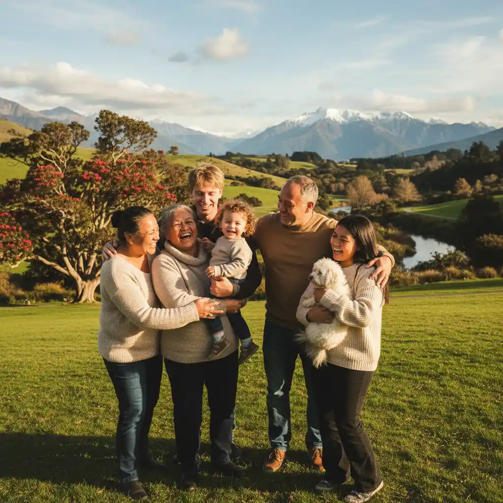 Diverse New Zealand family enjoying outdoor activities, embodying whānau wellbeing