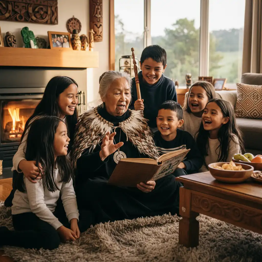 Māori grandmother teaching her grandchildren, showing cultural connection and intergenerational support