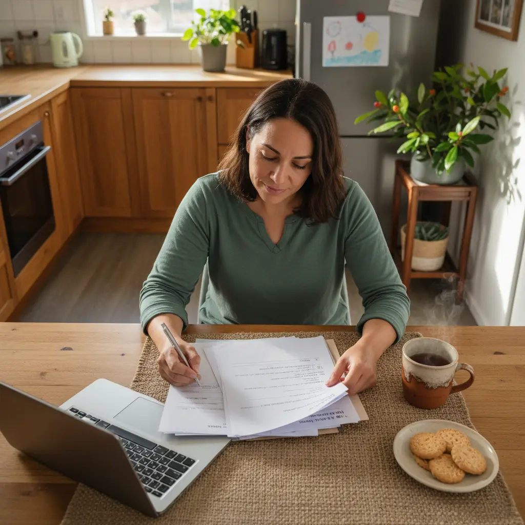 Single parent reviewing application papers, focused