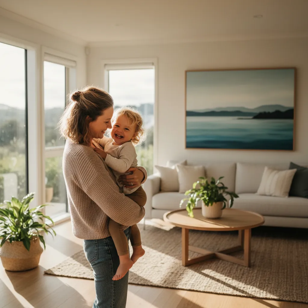 Single mother embracing child in New Zealand, illustrating family support