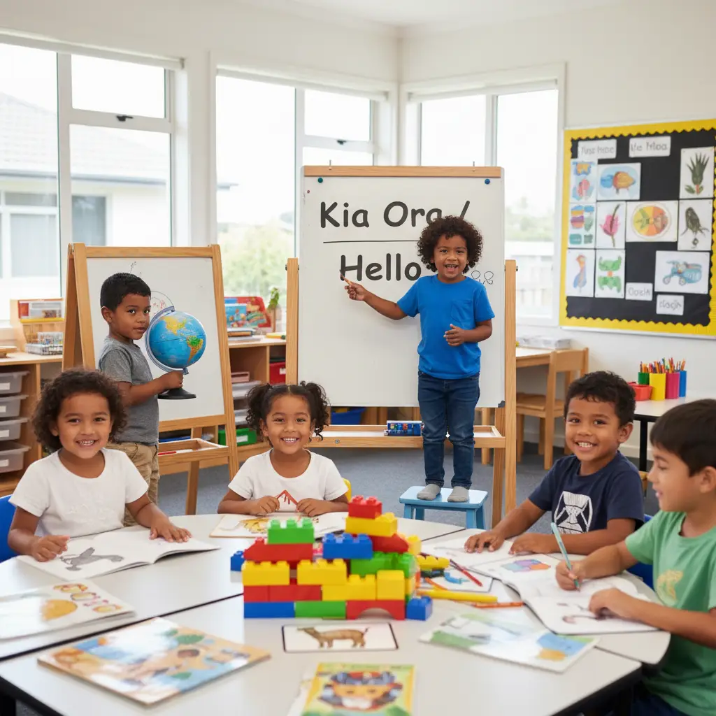 Happy New Zealand children learning in a bilingual classroom