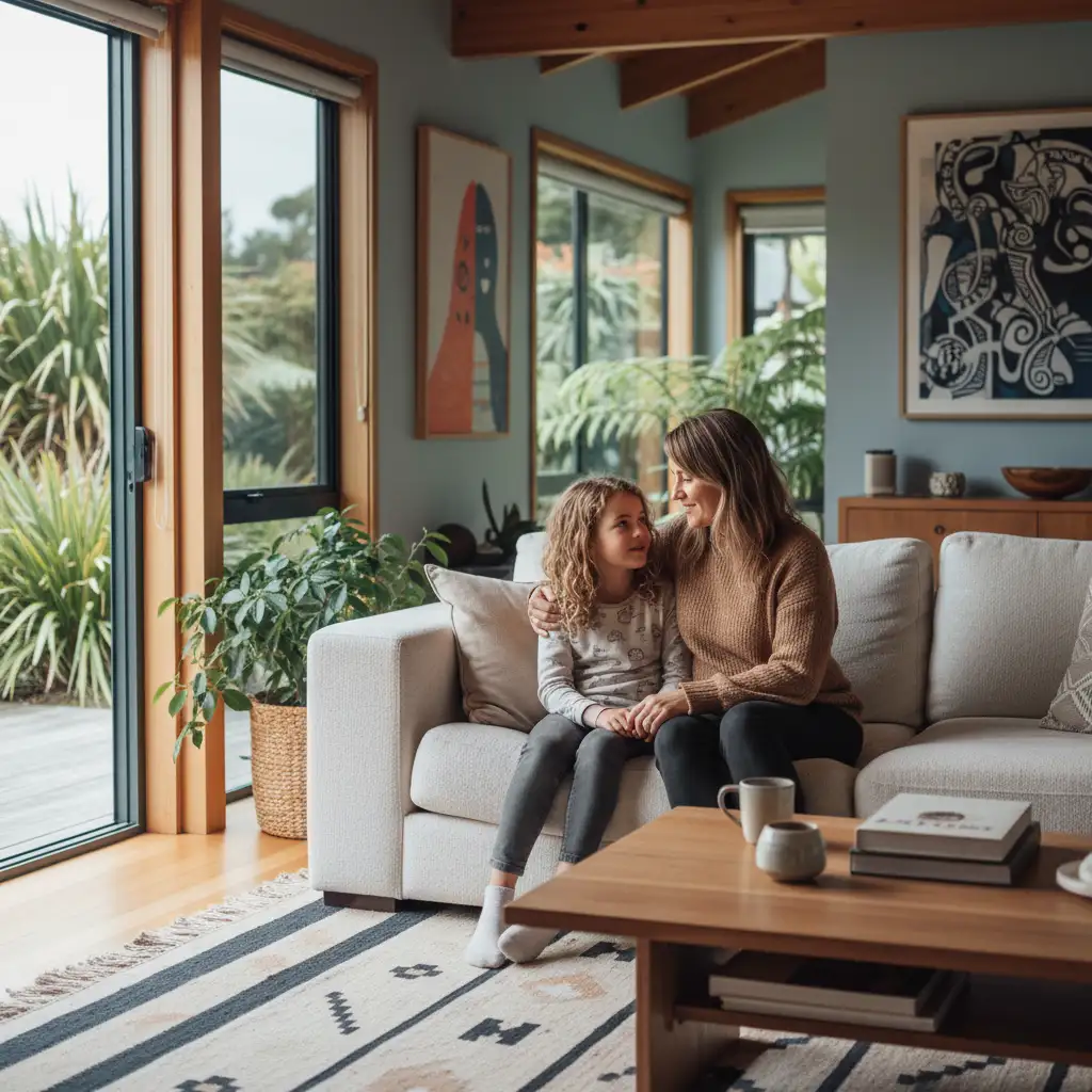 Parent comforting child and discussing feelings