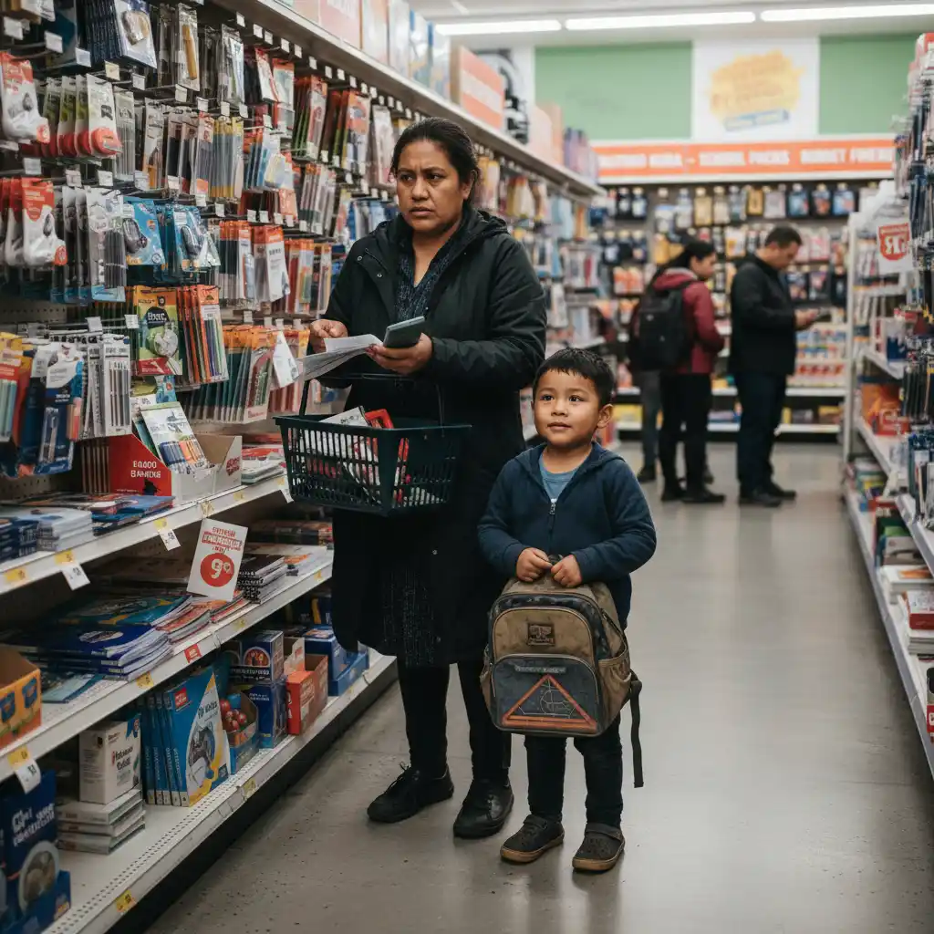Parent and child shopping for school supplies, highlighting material deprivation