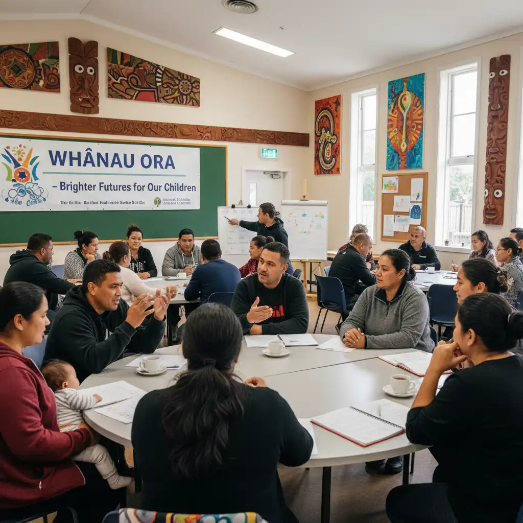 Community meeting discussing child welfare and poverty reduction in NZ