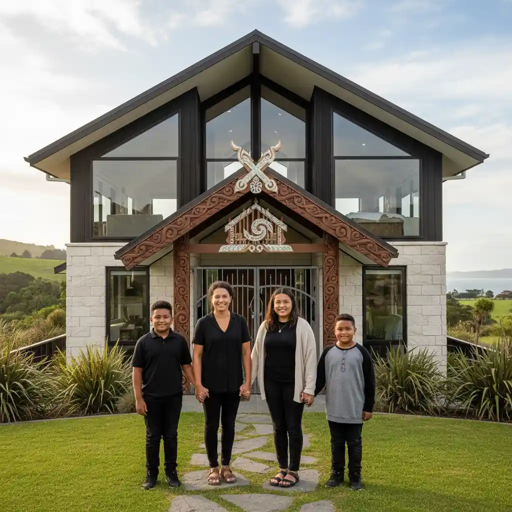 New Zealand family standing in front of a symbolic four-walled house representing Te Whare Tapa Whā
