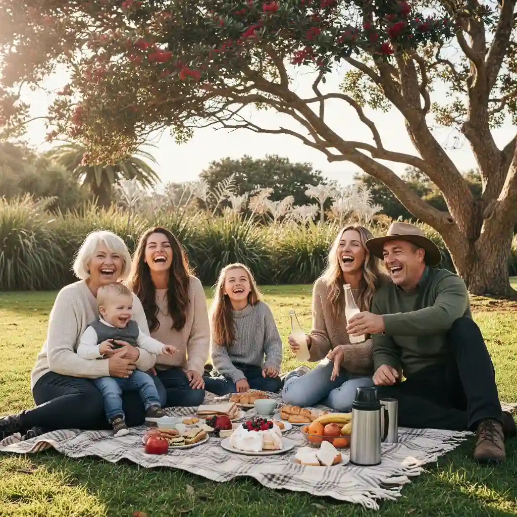 Intergenerational family enjoying a picnic, symbolizing strong Taha Whānau and social health