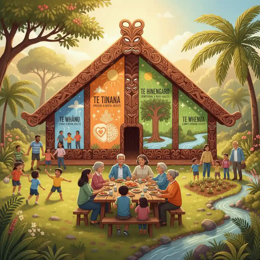 Te Whare Tapa Whā model illustrated for New Zealand families