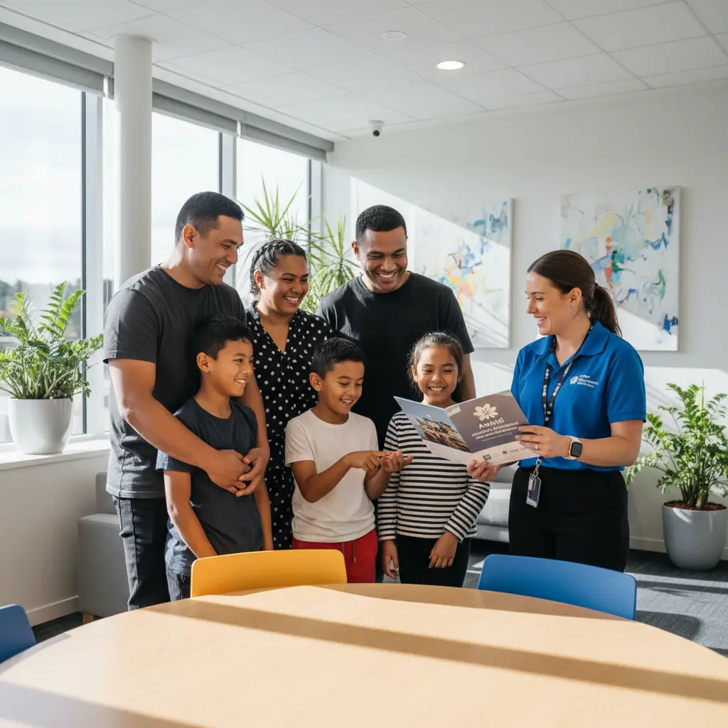 Diverse family receiving support from family support services Auckland worker