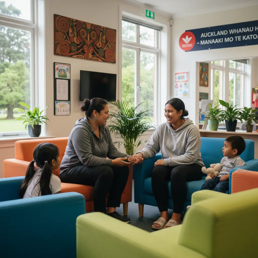 Family support worker helping young mother and children Auckland