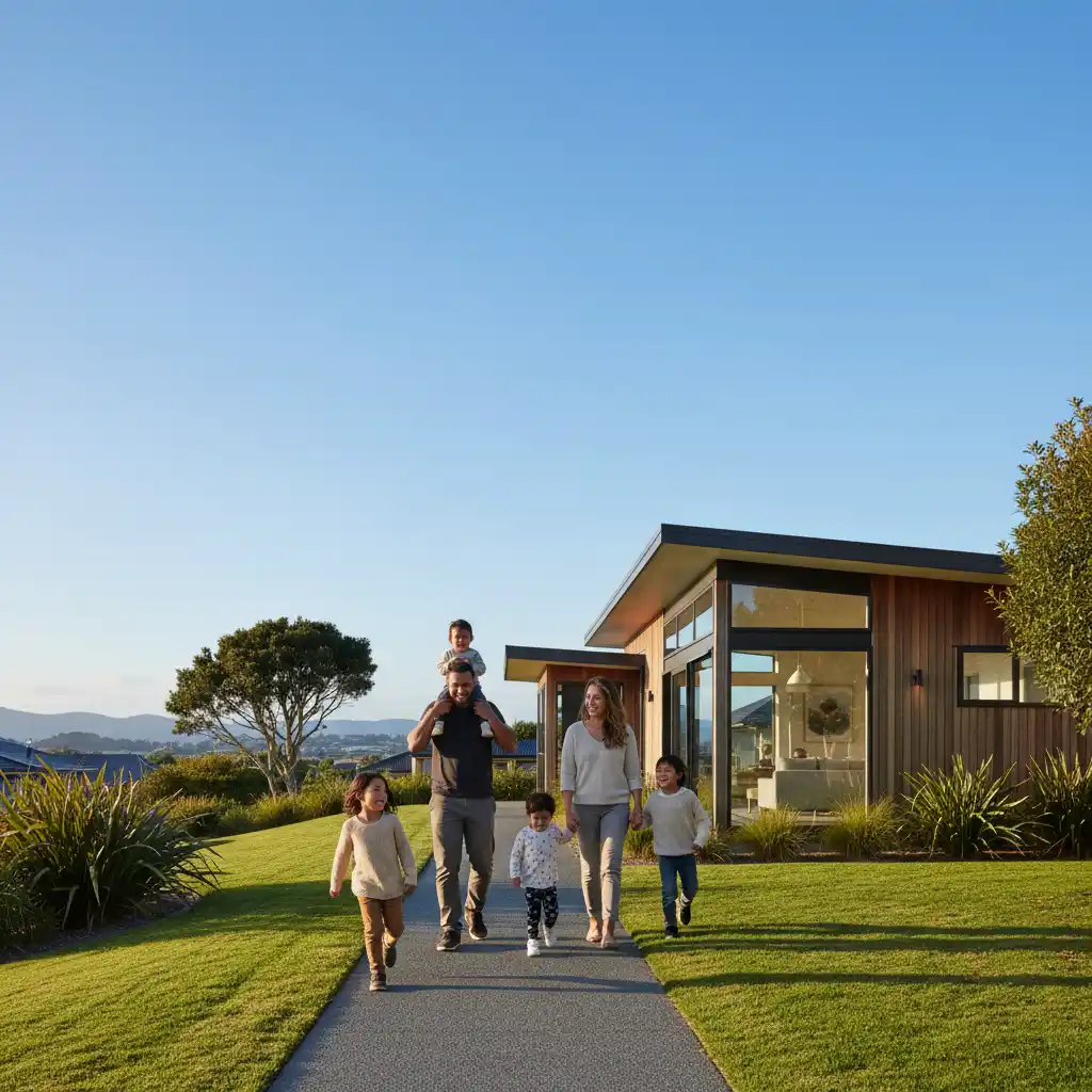 Large family walking towards their new home, symbolising housing support in NZ