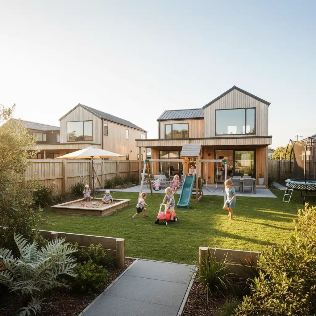 Children playing in a secure backyard, representing stable housing for large families
