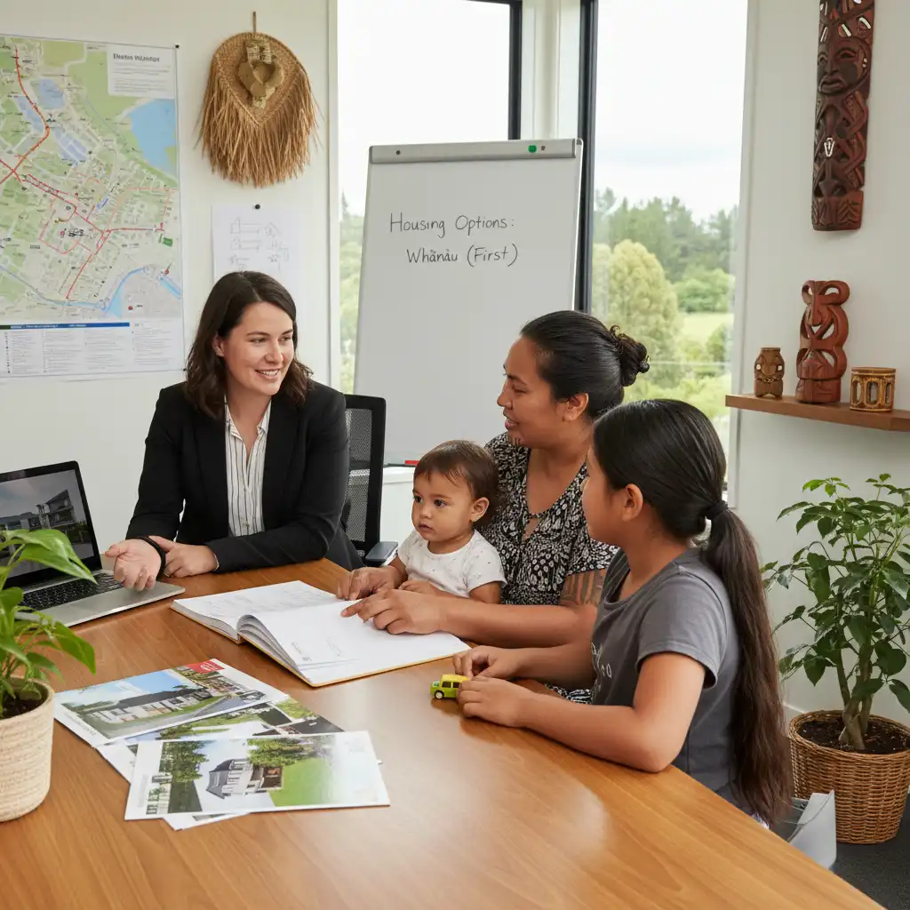 Social worker assisting a large New Zealand family with housing support information