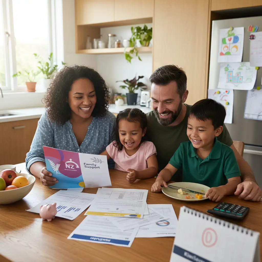 Diverse NZ family discussing family tax credit NZ eligibility documents