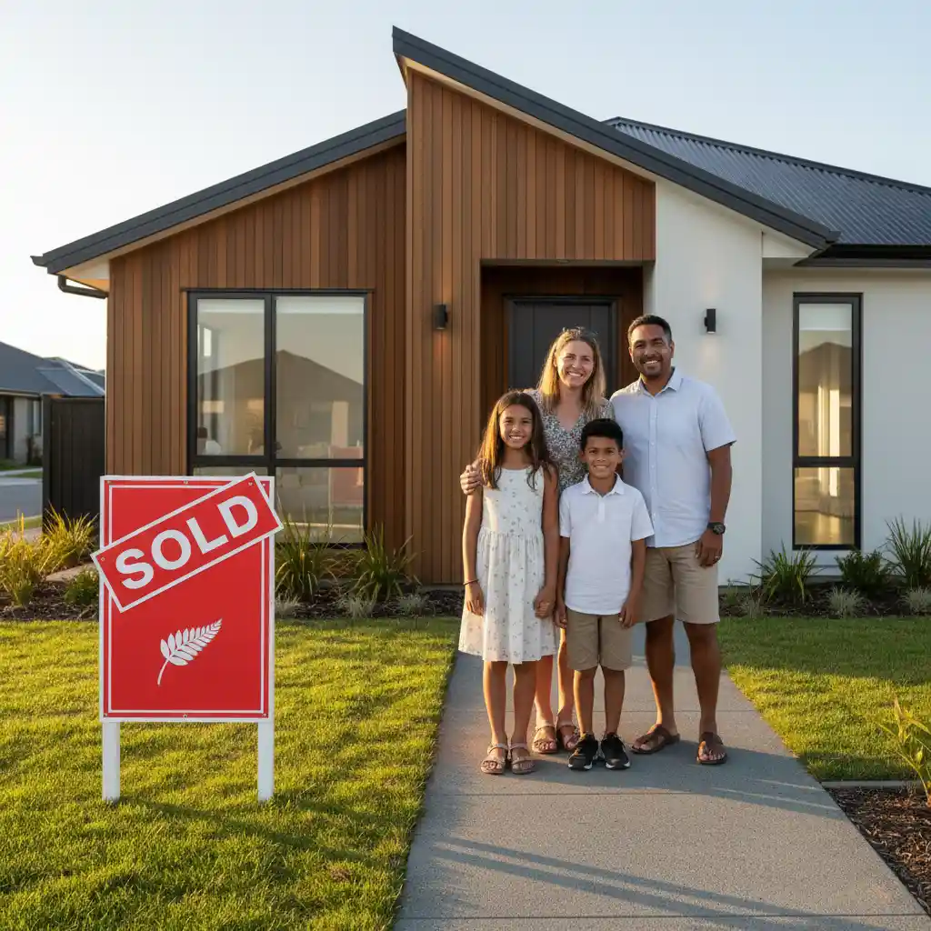 Happy first home buyer NZ family in front of their new house with First Home Grant