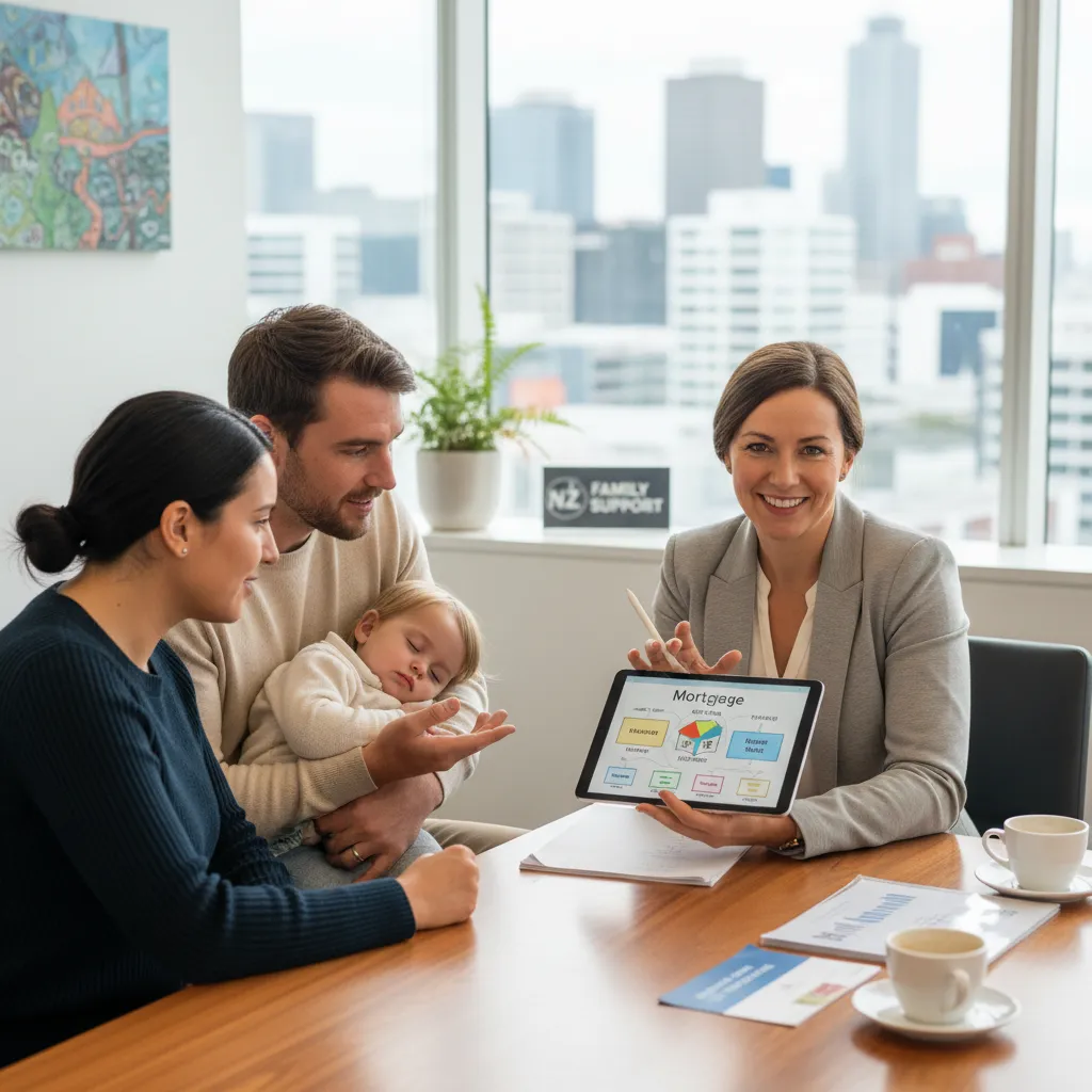 Mortgage advice NZ families discussing mortgage options with a financial advisor