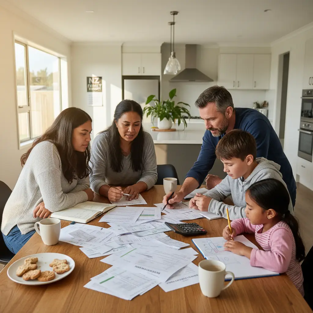 NZ family discussing debt management around a table