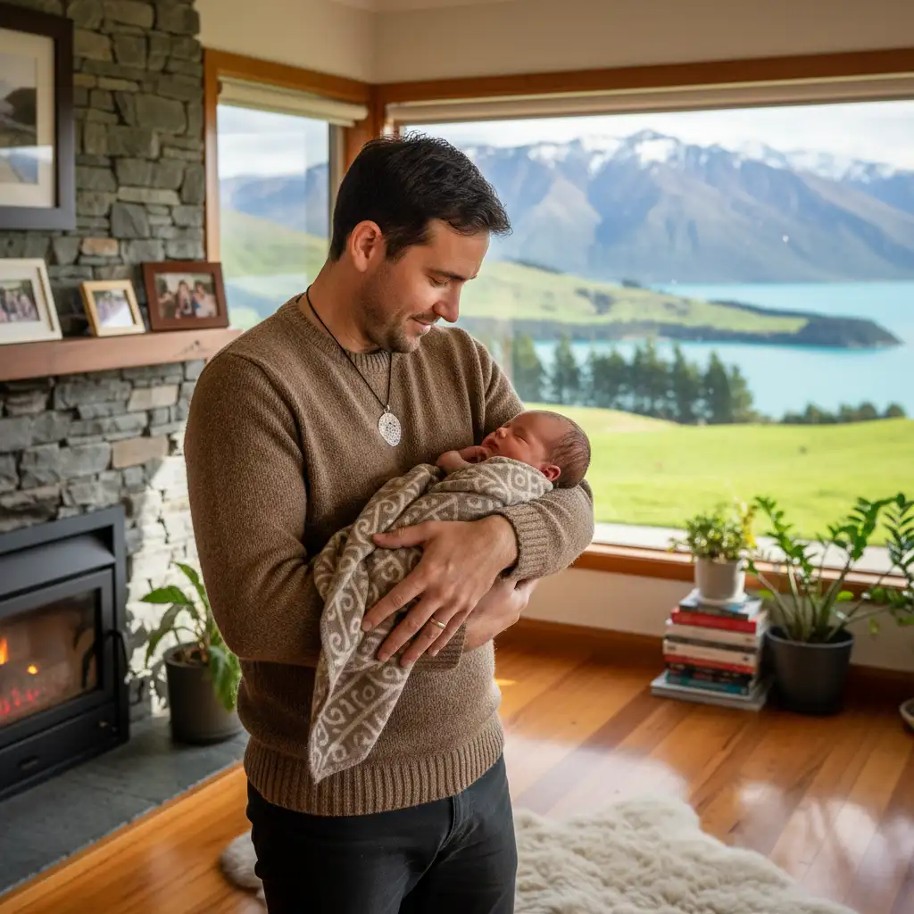 New Zealand dad holding baby, embracing fatherhood