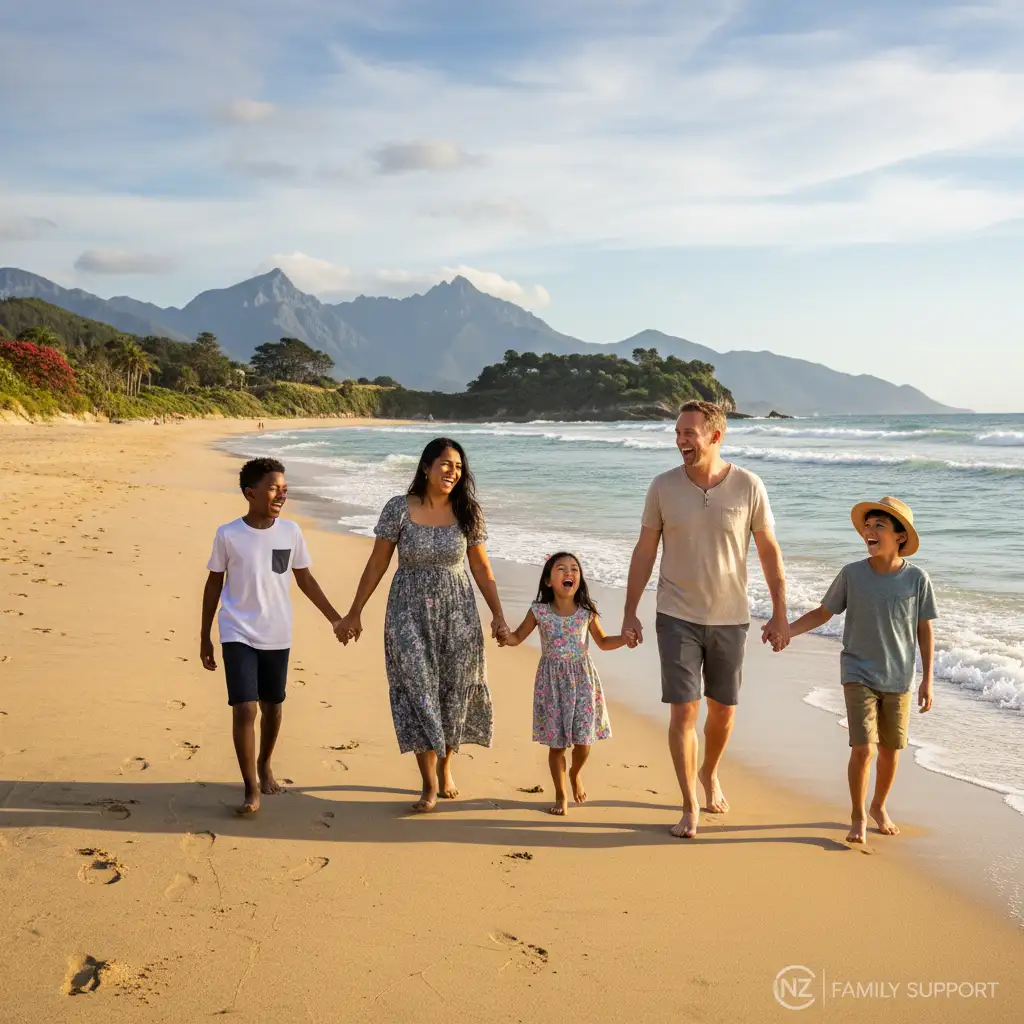 Blended family advice NZ parents and children on a beach