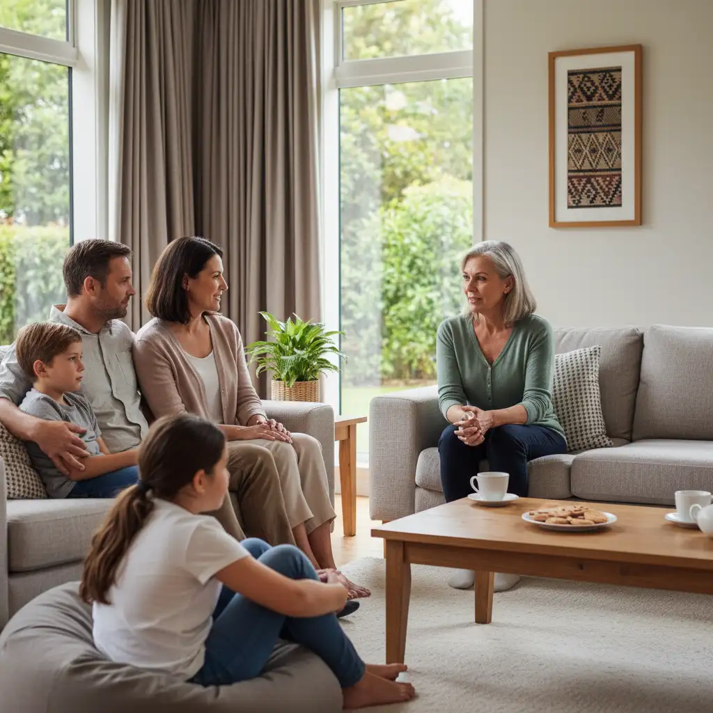 Grandparents, parents, and children discussing family boundaries NZ