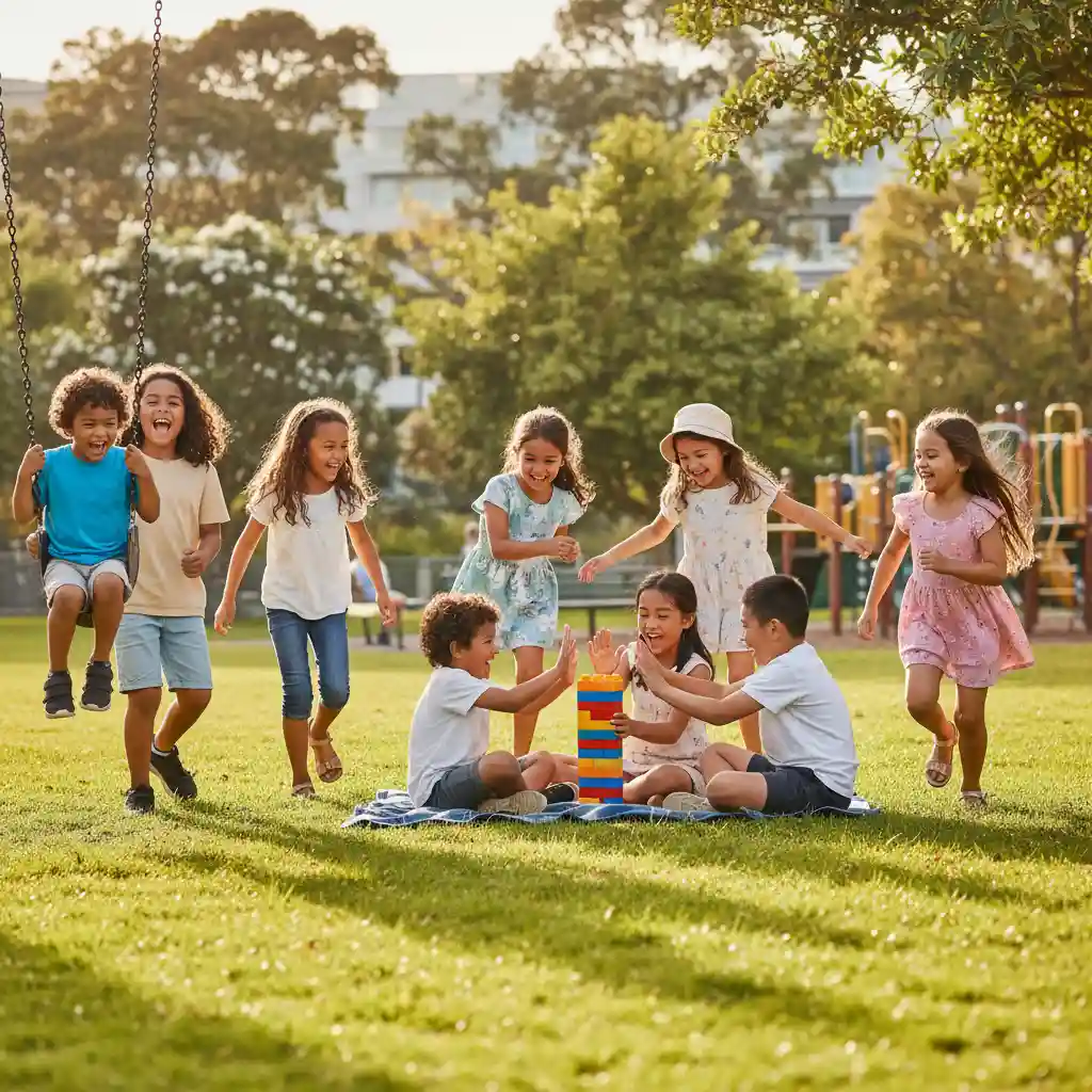 Happy diverse New Zealand children playing, symbolizing positive child emotional development NZ