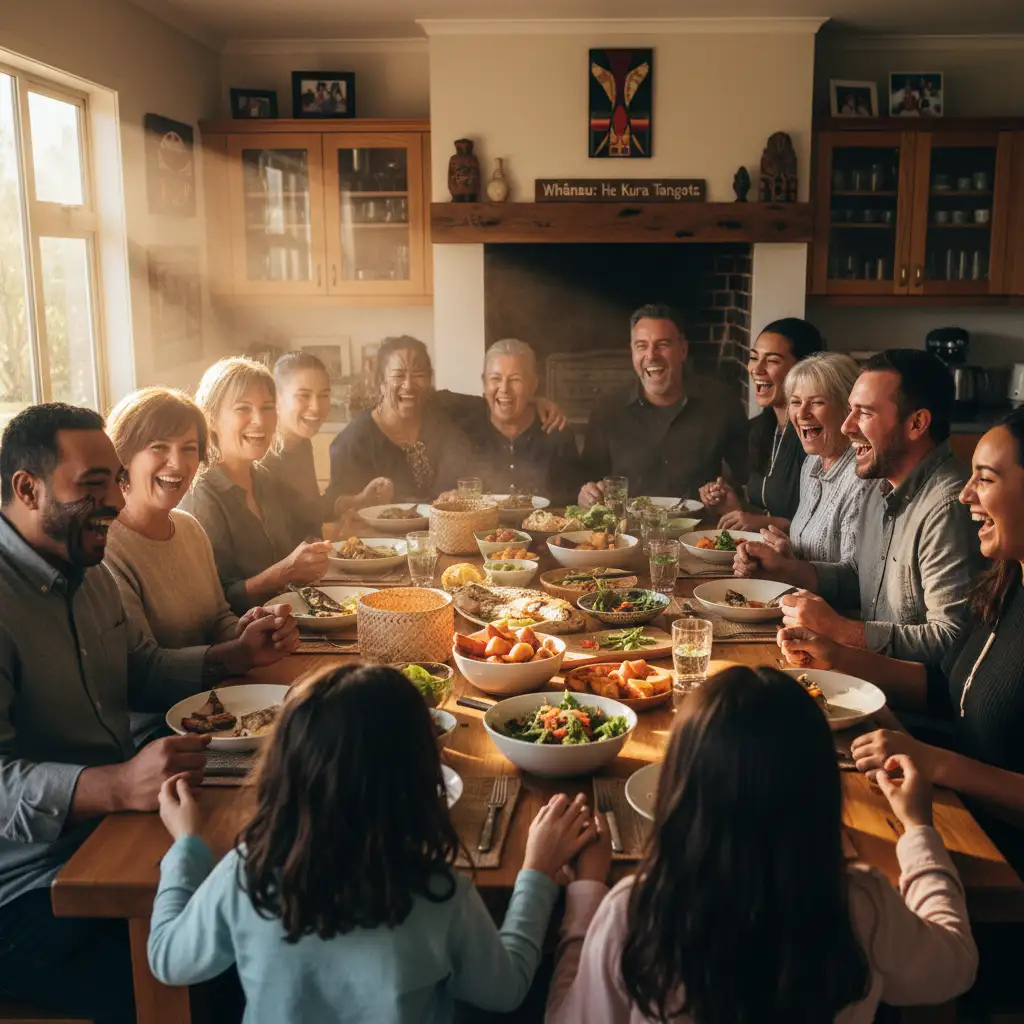 Multi-generational family sharing a meal, a key aspect of family resilience NZ