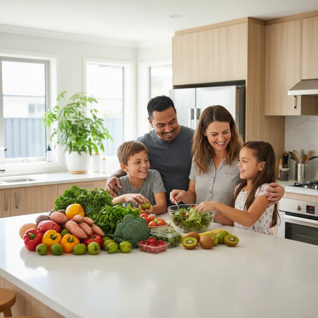 Happy New Zealand family enjoying healthy food, representing food security
