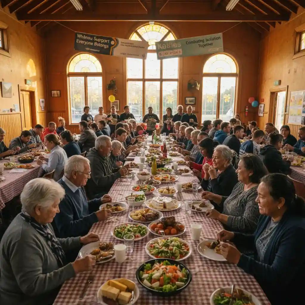 Diverse community members sharing a meal at a local community program