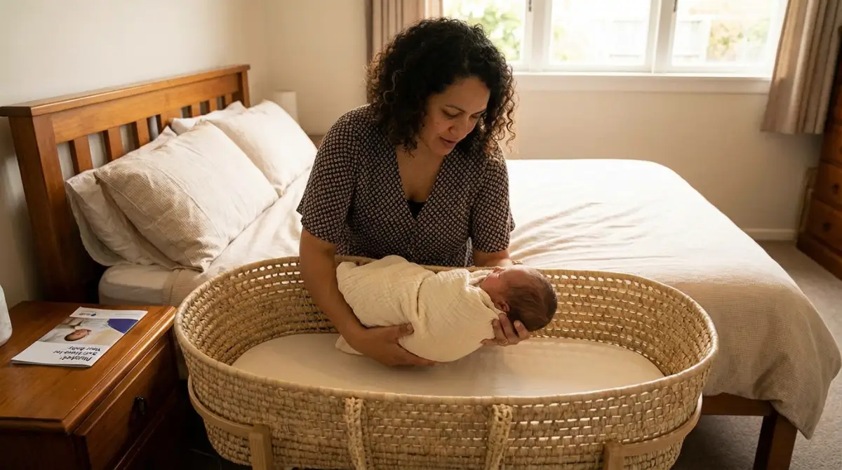 New Zealand mother ensuring safe sleep for her newborn baby in a bassinet