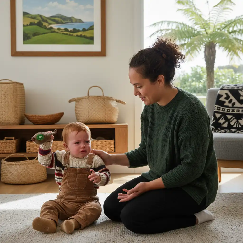 Parent calmly managing a toddler's tantrum with empathy in New Zealand