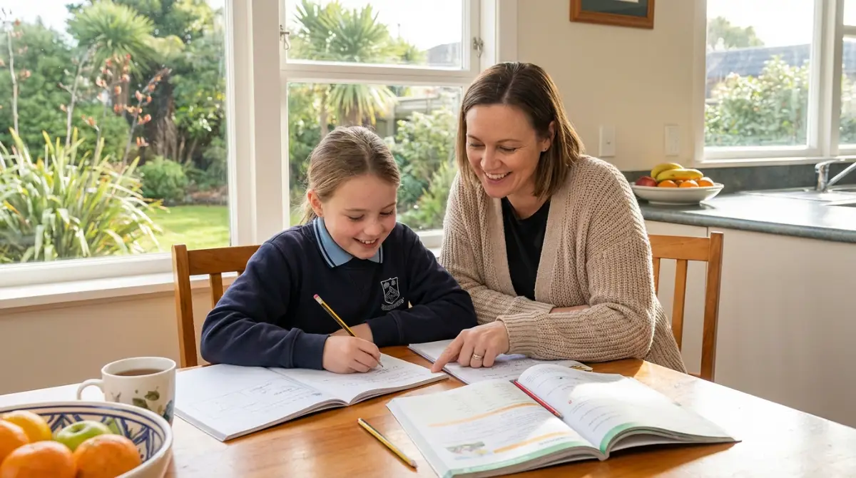 Parent helping child with primary school homework in New Zealand