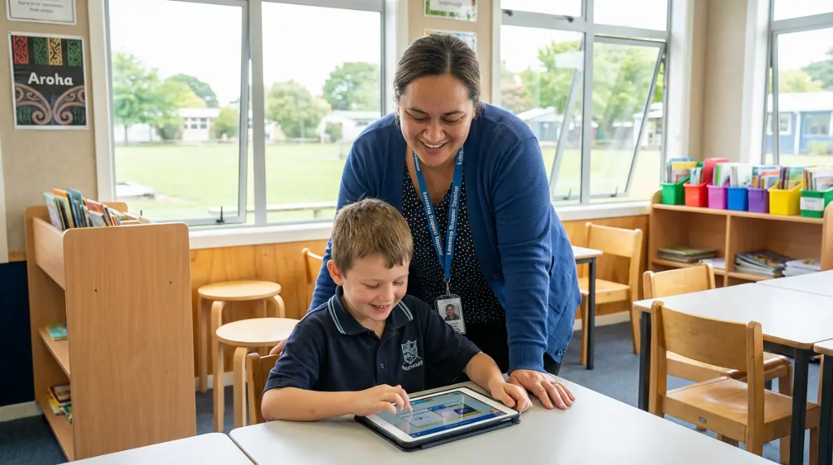 Learning support teacher assisting child in NZ