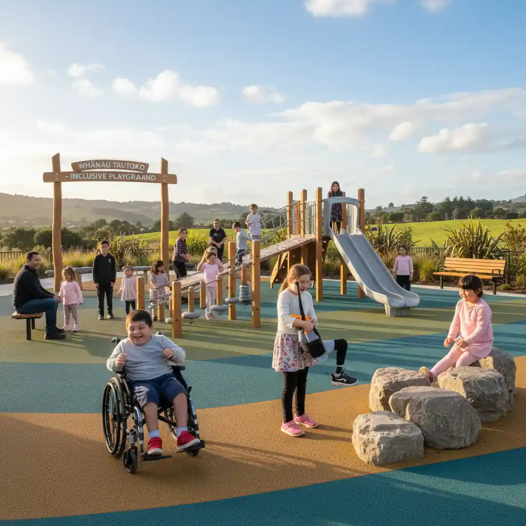 Children with special needs playing in an inclusive playground in NZ