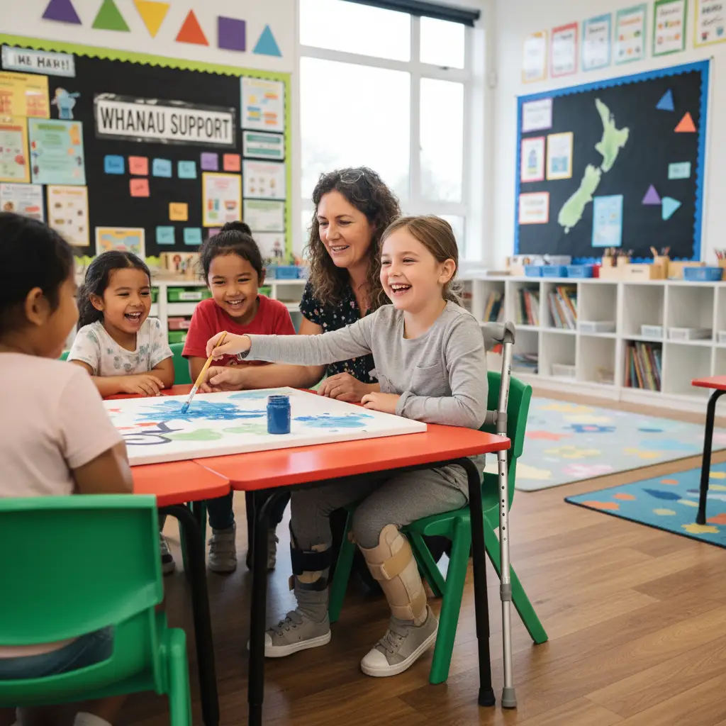 Child with special needs participating in an inclusive classroom in New Zealand