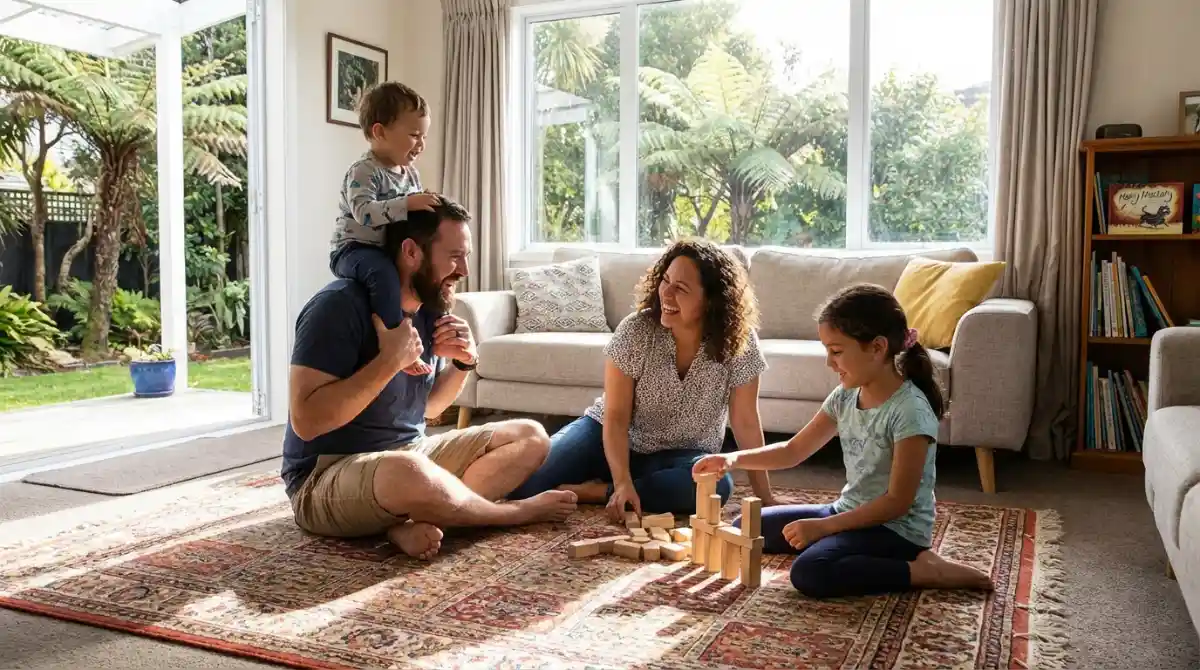 Happy New Zealand family practicing positive parenting