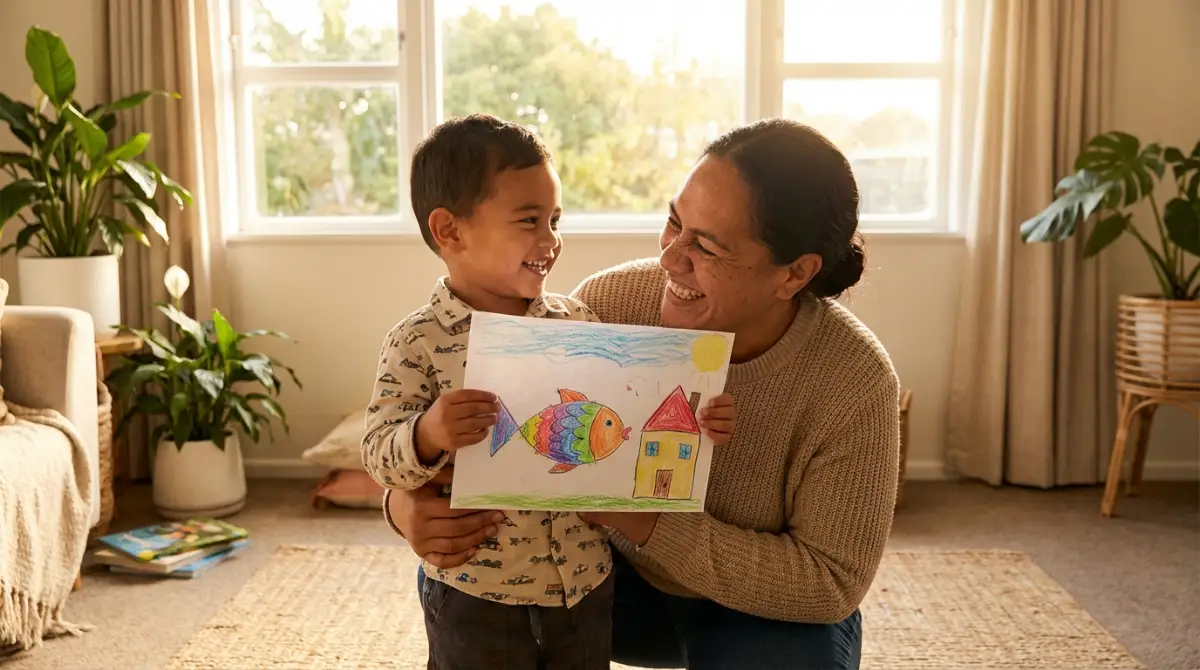 Child showing drawing, building self-esteem NZ